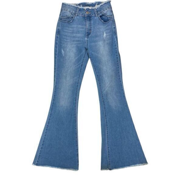 B. Original High Rise Flare Jeans Womens Size 26 Blue Frayed Hem Stretch Denim - Picture 1 of 14